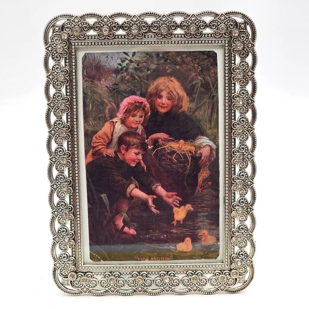 Ornate Silver Jeweled Picture Frame Vintage Style Holds 4x6 Photo